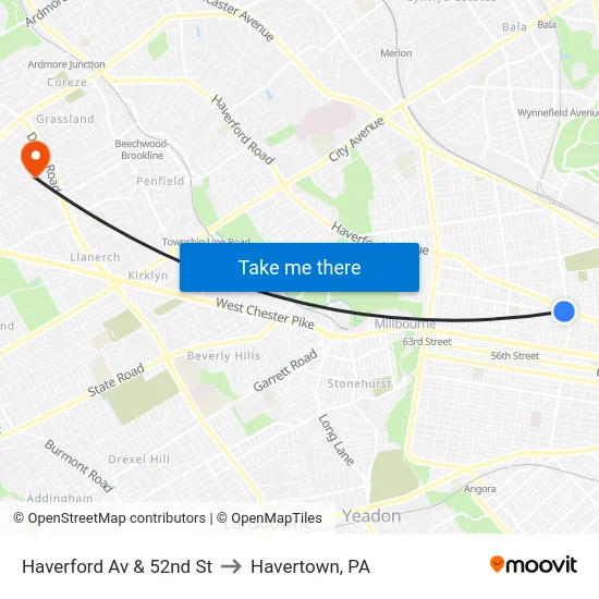 Haverford Av & 52nd St to Havertown, PA map