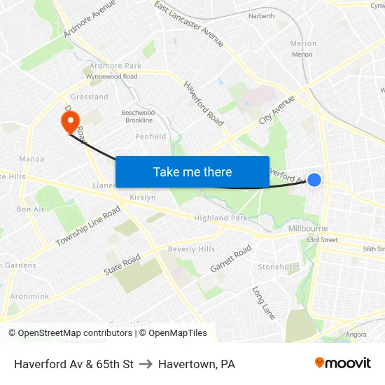 Haverford Av & 65th St to Havertown, PA map