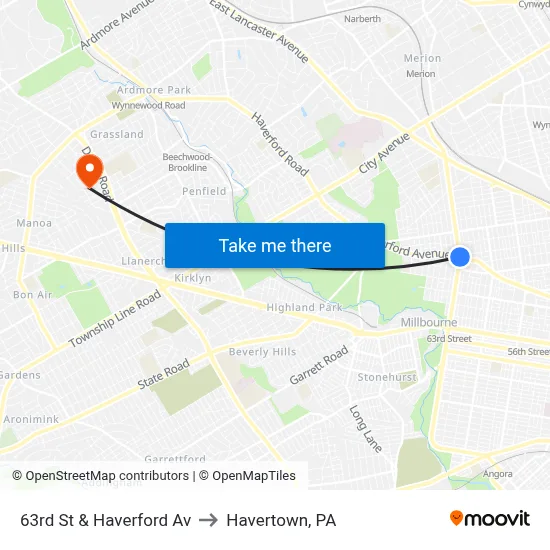 63rd St & Haverford Av to Havertown, PA map