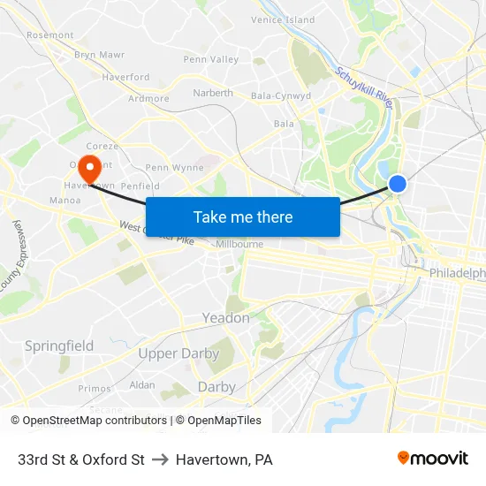 33rd St & Oxford St to Havertown, PA map