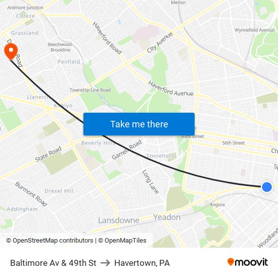 Baltimore Av & 49th St to Havertown, PA map