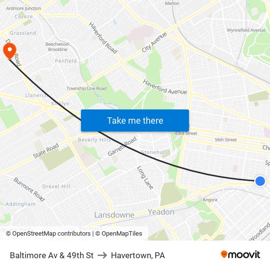 Baltimore Av & 49th St to Havertown, PA map