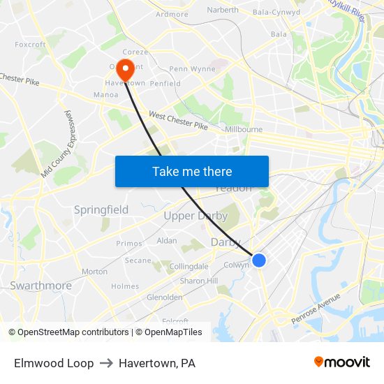 Elmwood Loop to Havertown, PA map