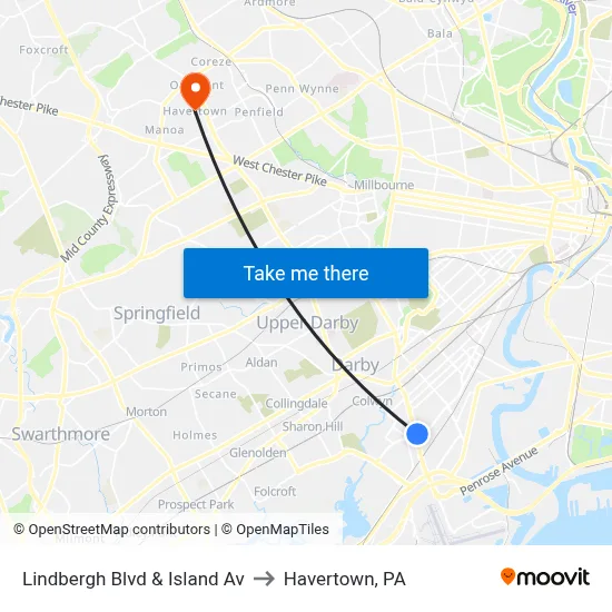 Lindbergh Blvd & Island Av to Havertown, PA map