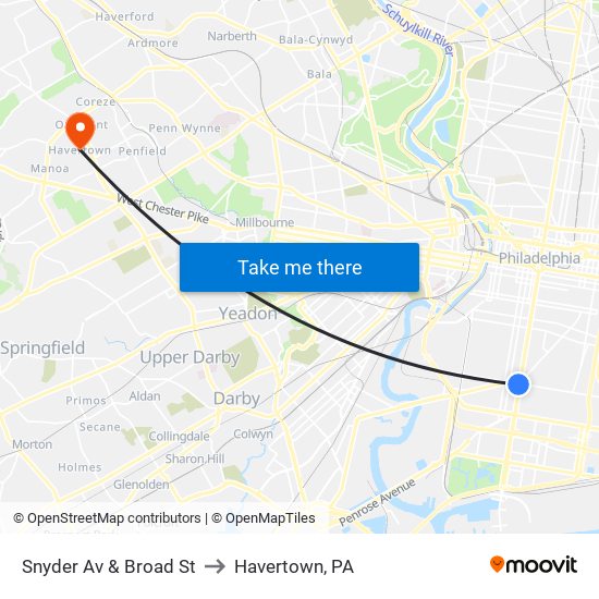 Snyder Av & Broad St to Havertown, PA map