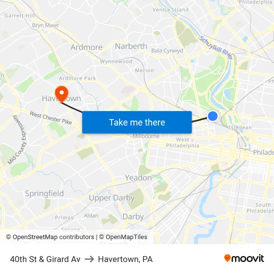 40th St & Girard Av to Havertown, PA map