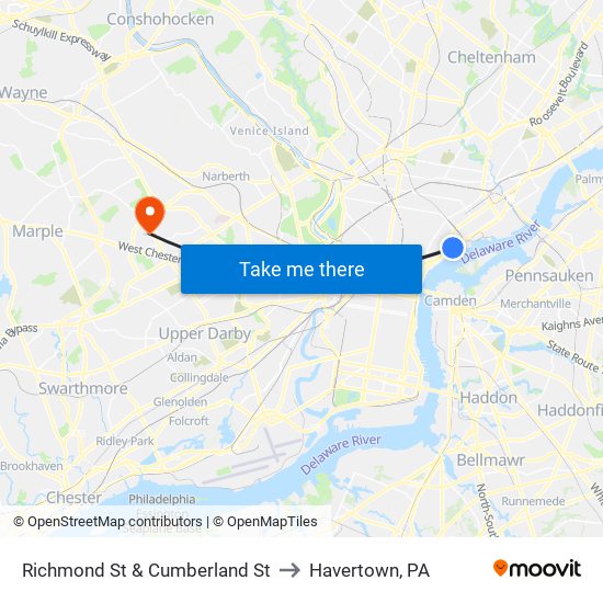 Richmond St & Cumberland St to Havertown, PA map