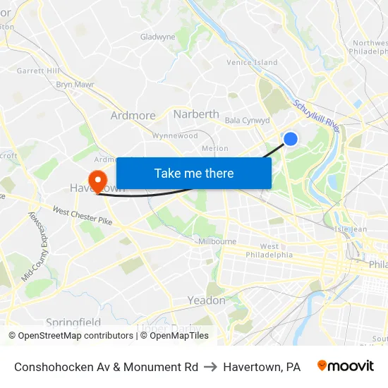 Conshohocken Av & Monument Rd to Havertown, PA map