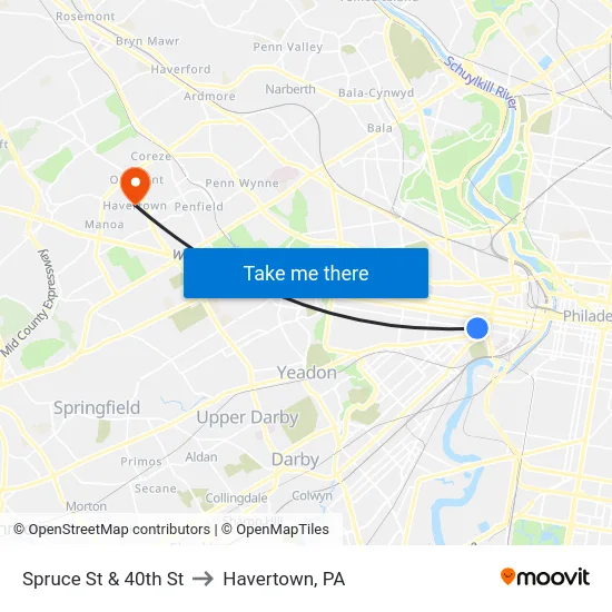 Spruce St & 40th St to Havertown, PA map