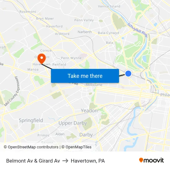 Belmont Av & Girard Av to Havertown, PA map