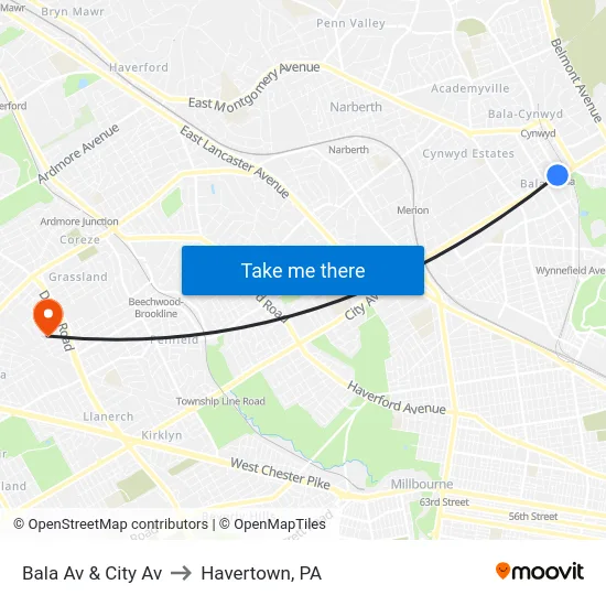 Bala Av & City Av to Havertown, PA map