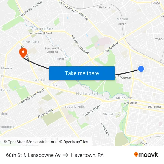 60th St & Lansdowne Av to Havertown, PA map