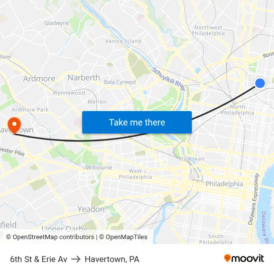 6th St & Erie Av to Havertown, PA map