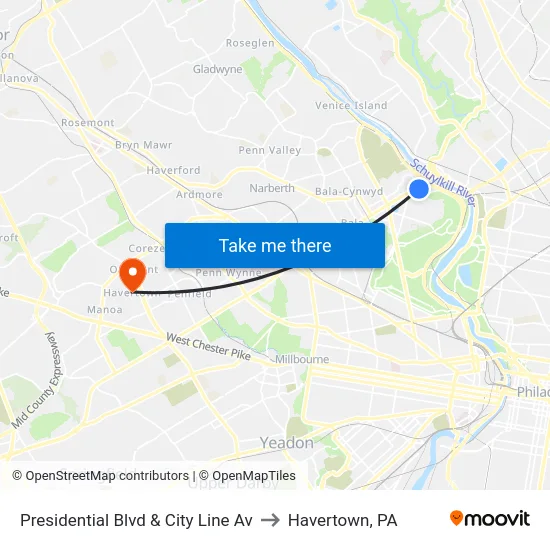 Presidential Blvd & City Line Av to Havertown, PA map