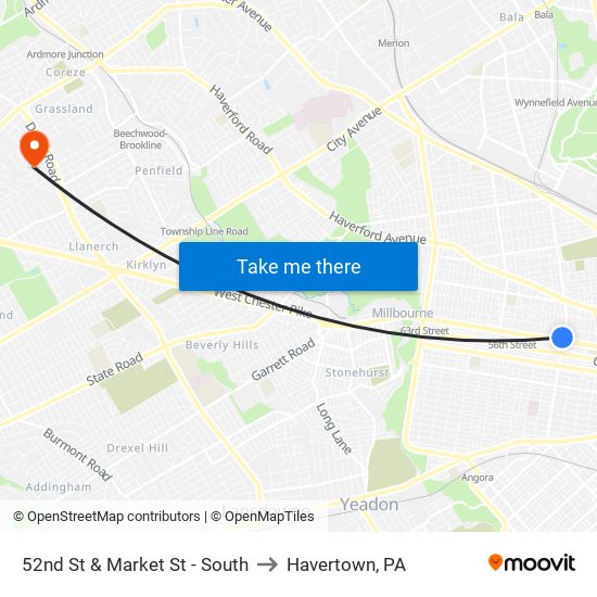 52nd St & Market St - South to Havertown, PA map
