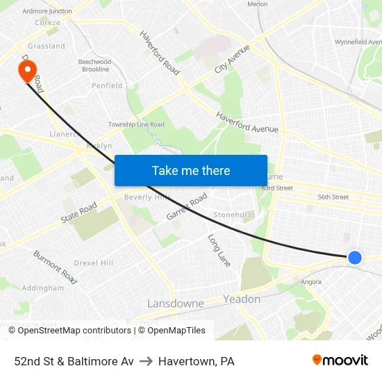 52nd St & Baltimore Av to Havertown, PA map