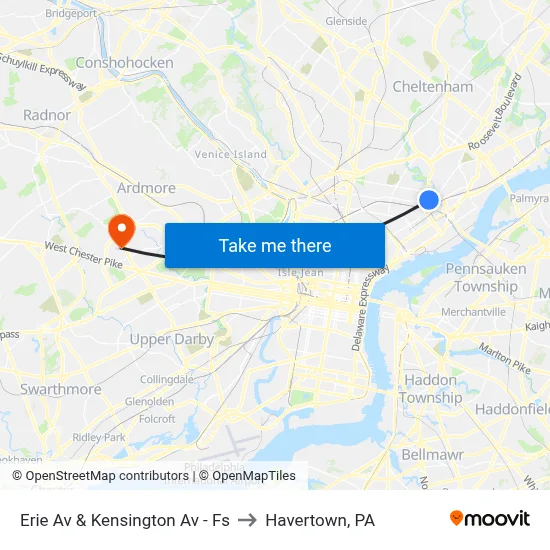 Erie Av & Kensington Av - Fs to Havertown, PA map