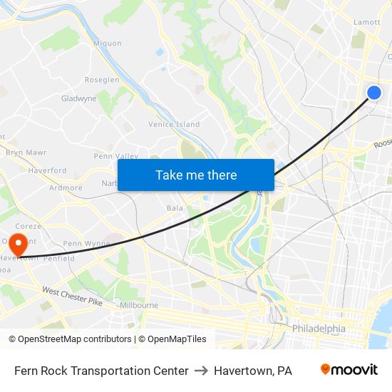 Fern Rock Transit Center to Havertown, PA map