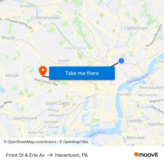 Front St & Erie Av to Havertown, PA map
