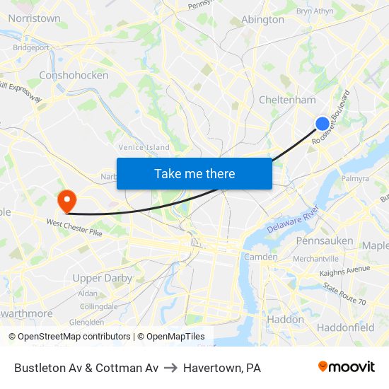 Bustleton Av & Cottman Av to Havertown, PA map