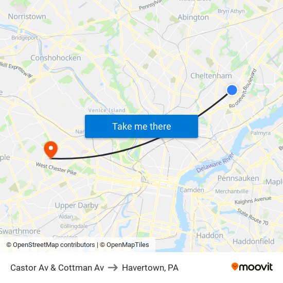 Castor Av & Cottman Av to Havertown, PA map