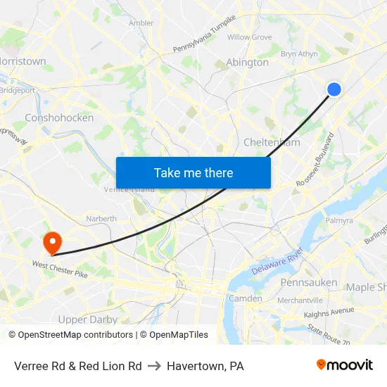 Verree Rd & Red Lion Rd to Havertown, PA map