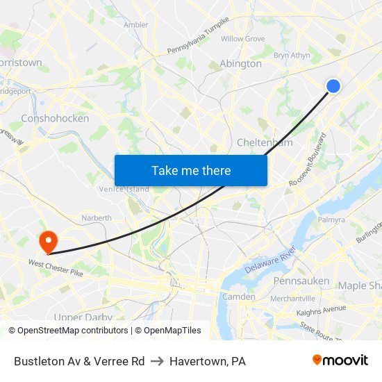 Bustleton Av & Verree Rd to Havertown, PA map