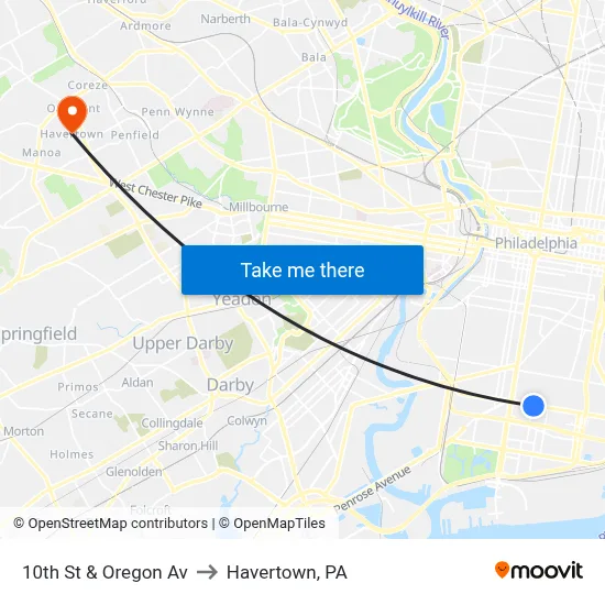 10th St & Oregon Av to Havertown, PA map