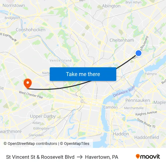 St Vincent St & Roosevelt Blvd to Havertown, PA map