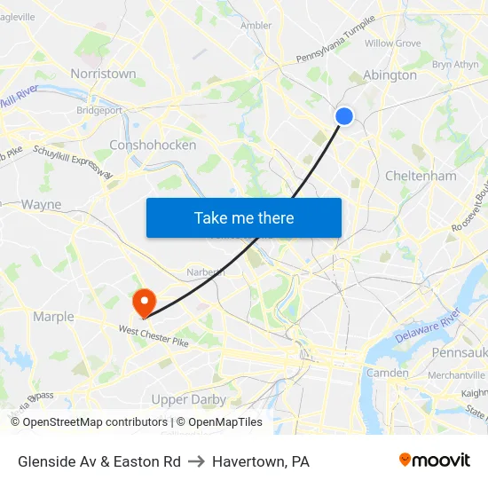 Glenside Av & Easton Rd to Havertown, PA map