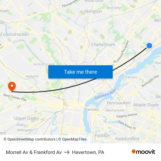 Morrell Av & Frankford Av to Havertown, PA map