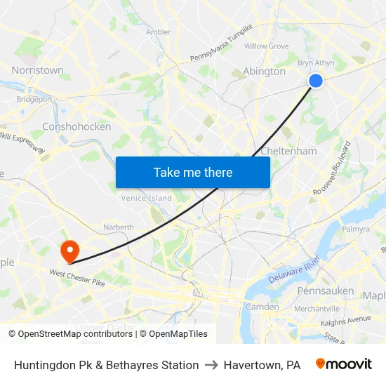 Huntingdon Pk & Bethayres Station to Havertown, PA map
