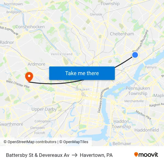 Battersby St & Devereaux Av to Havertown, PA map