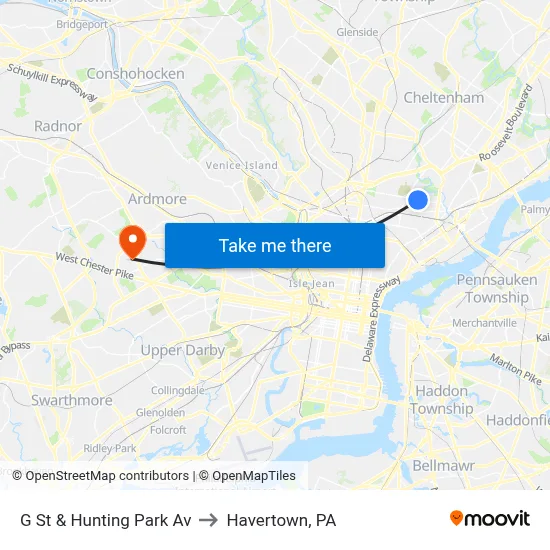 G St & Hunting Park Av to Havertown, PA map