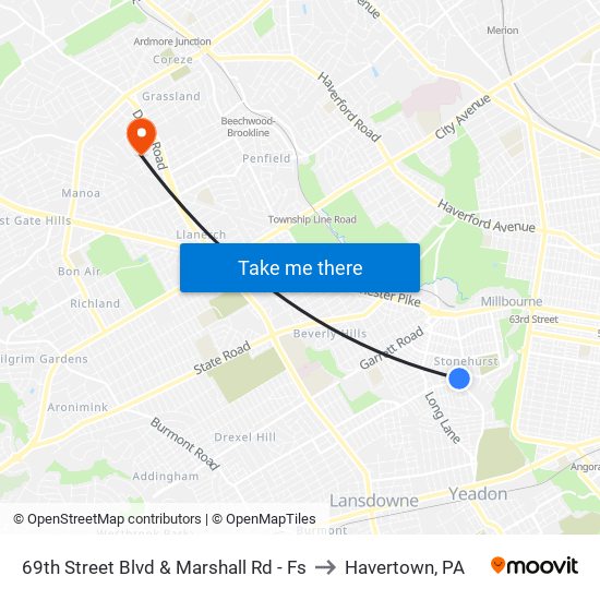 69th Street Blvd & Marshall Rd - Fs to Havertown, PA map