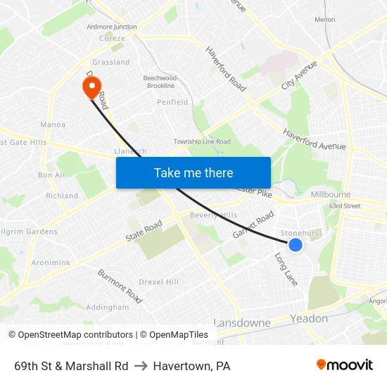 69th St & Marshall Rd to Havertown, PA map