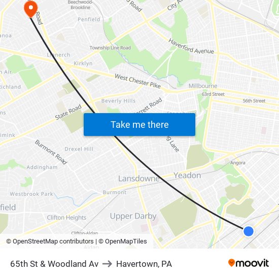 65th St & Woodland Av to Havertown, PA map