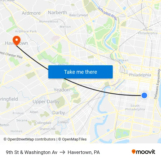 9th St & Washington Av to Havertown, PA map
