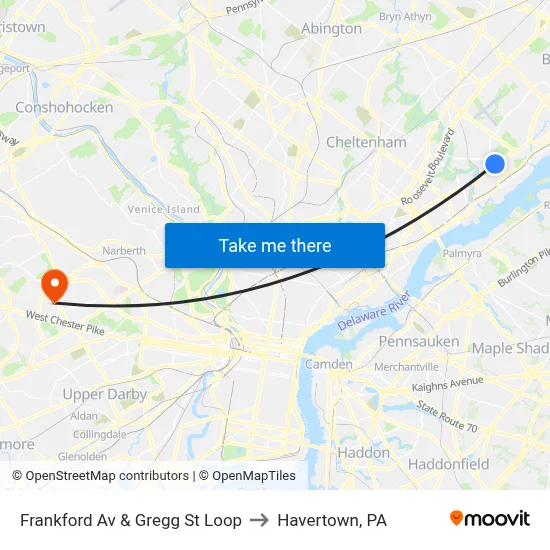 Frankford Av & Gregg St Loop to Havertown, PA map