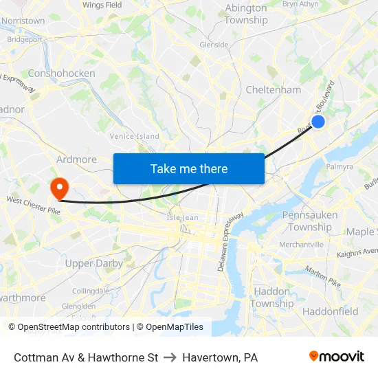 Cottman Av & Hawthorne St to Havertown, PA map