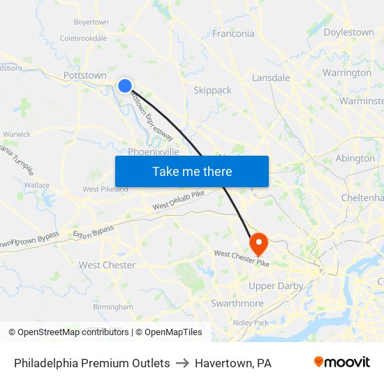 Philadelphia Premium Outlets to Havertown, PA map