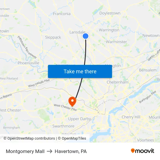 Montgomery Mall to Havertown, PA map