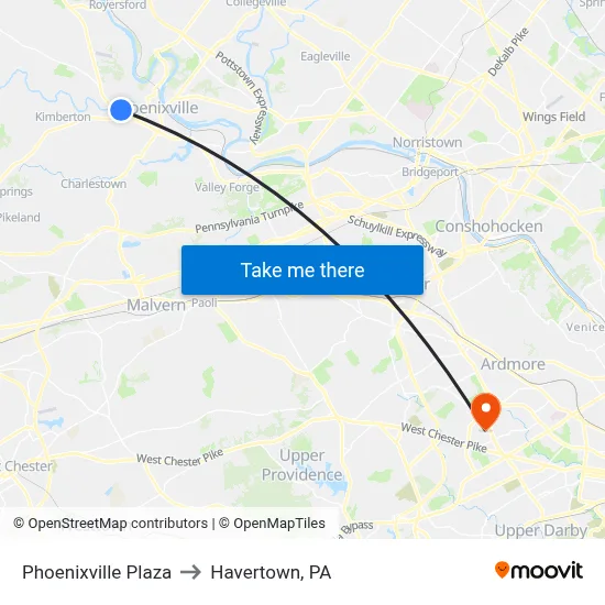 Phoenixville Plaza to Havertown, PA map