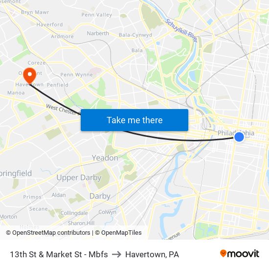 13th St & Market St - Mbfs to Havertown, PA map