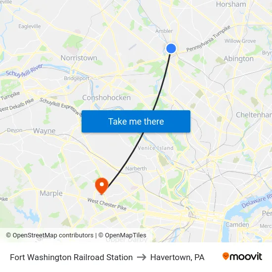 Fort Washington Railroad Station to Havertown, PA map