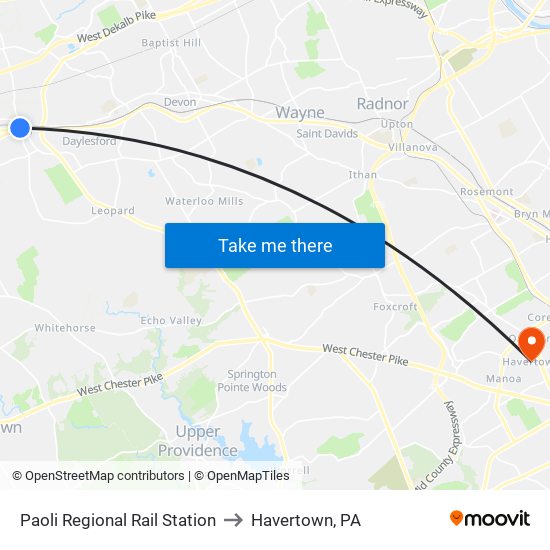 Paoli Regional Rail Station to Havertown, PA map