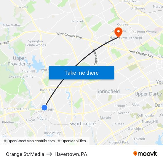 Orange St/Media to Havertown, PA map