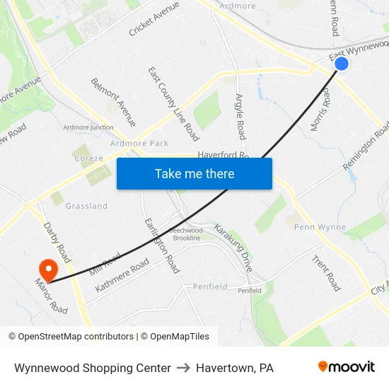 Wynnewood Shopping Center to Havertown, PA map