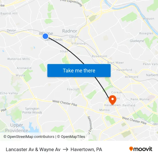 Lancaster Av & Wayne Av to Havertown, PA map