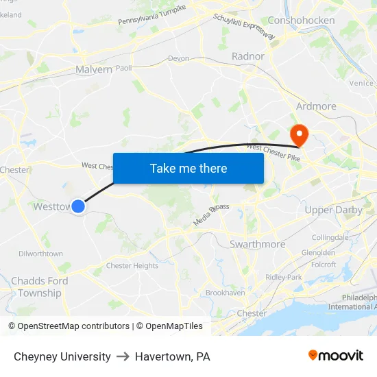 Cheyney University to Havertown, PA map